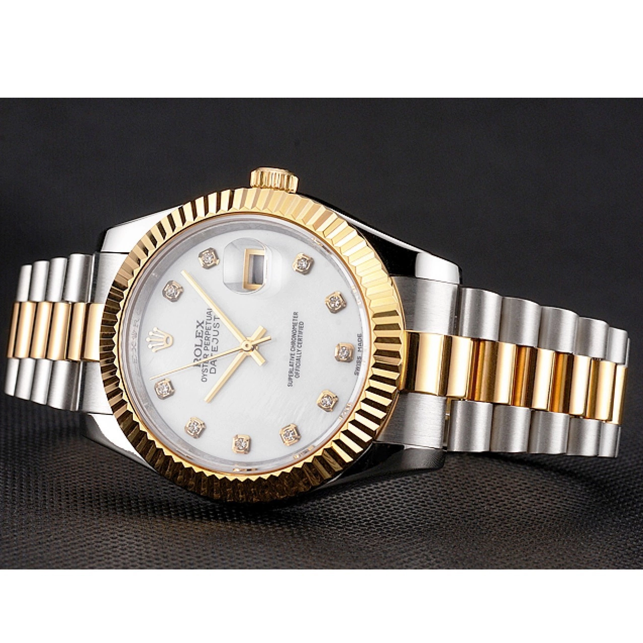 Good copy rolex watches Swiss Bracelet Marks Diamond Stainless Hour White Two Dial Tone Case Rolex Bezel Datejust Steel Gold 0729